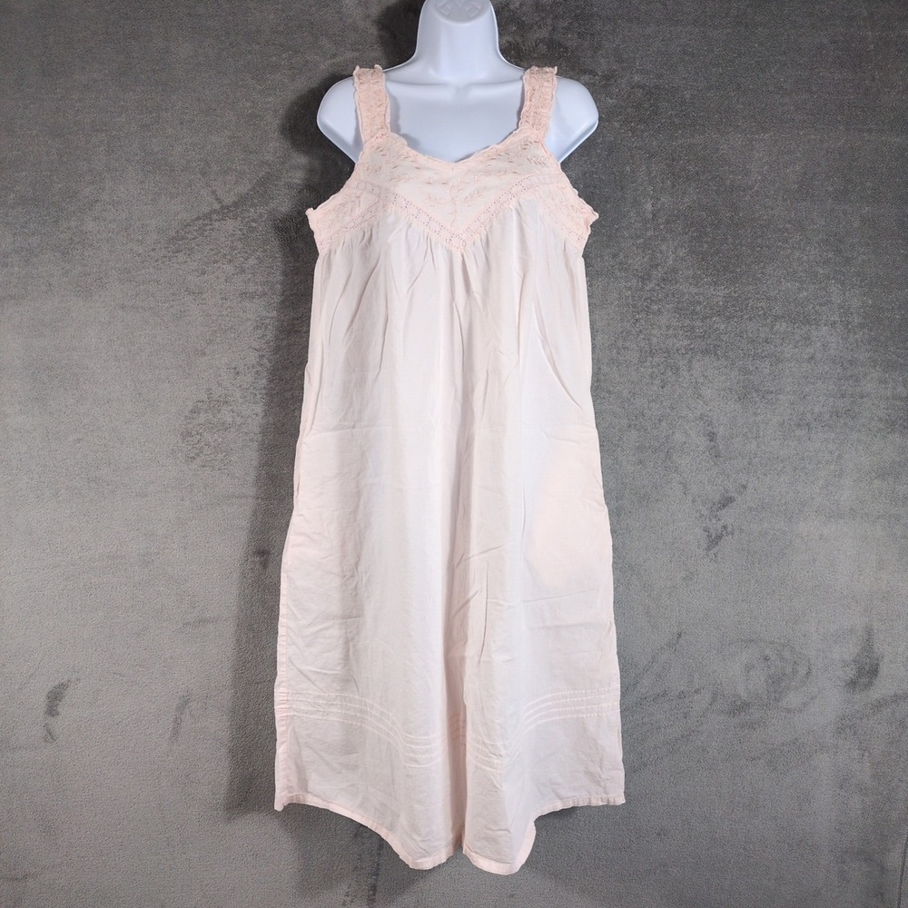 La Cera Pink 100% Cotton Embroidered Lace Nightgown Sleeveless Pockets Medium